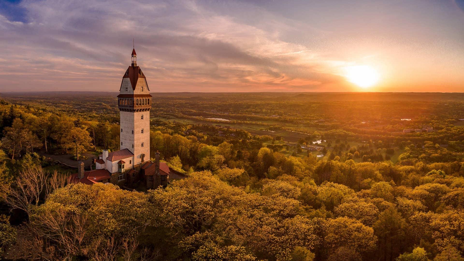 Talcott Mountain with its tower at sunset.